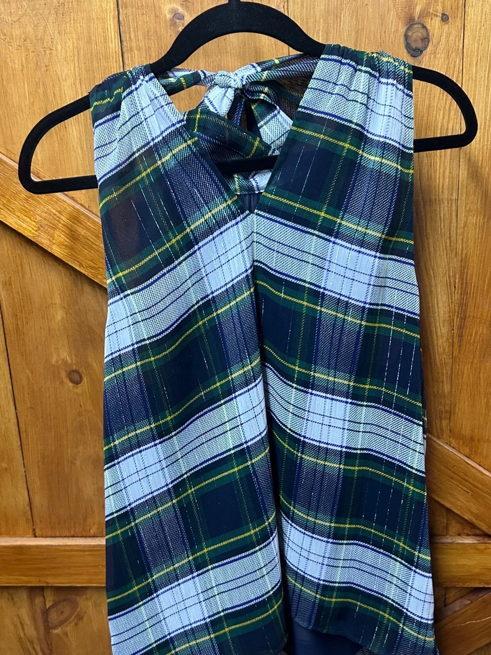 J. Crew Navy, Green & White Plaid Tie-Neck Sleeveless Blouse